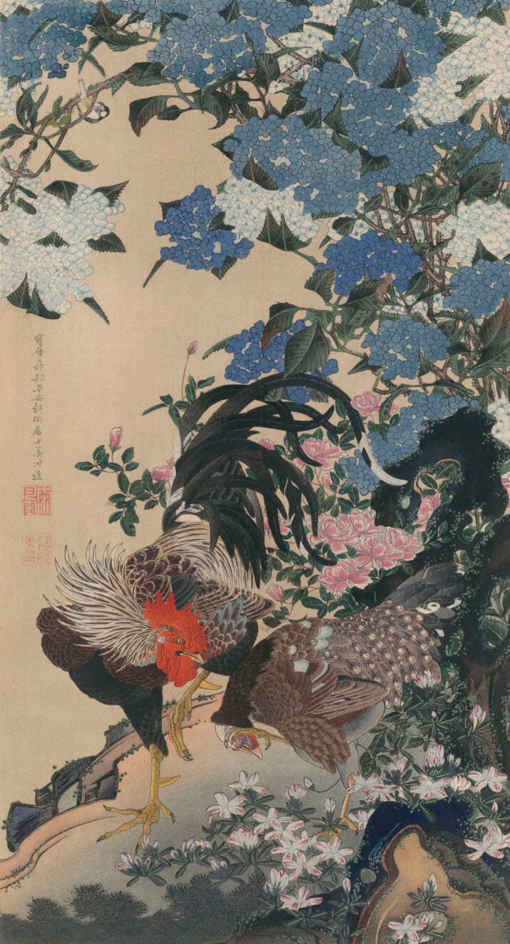 帝室御物 紫陽花雙鶏図 伊藤若冲(複製木版画)『真美大観第十三冊』