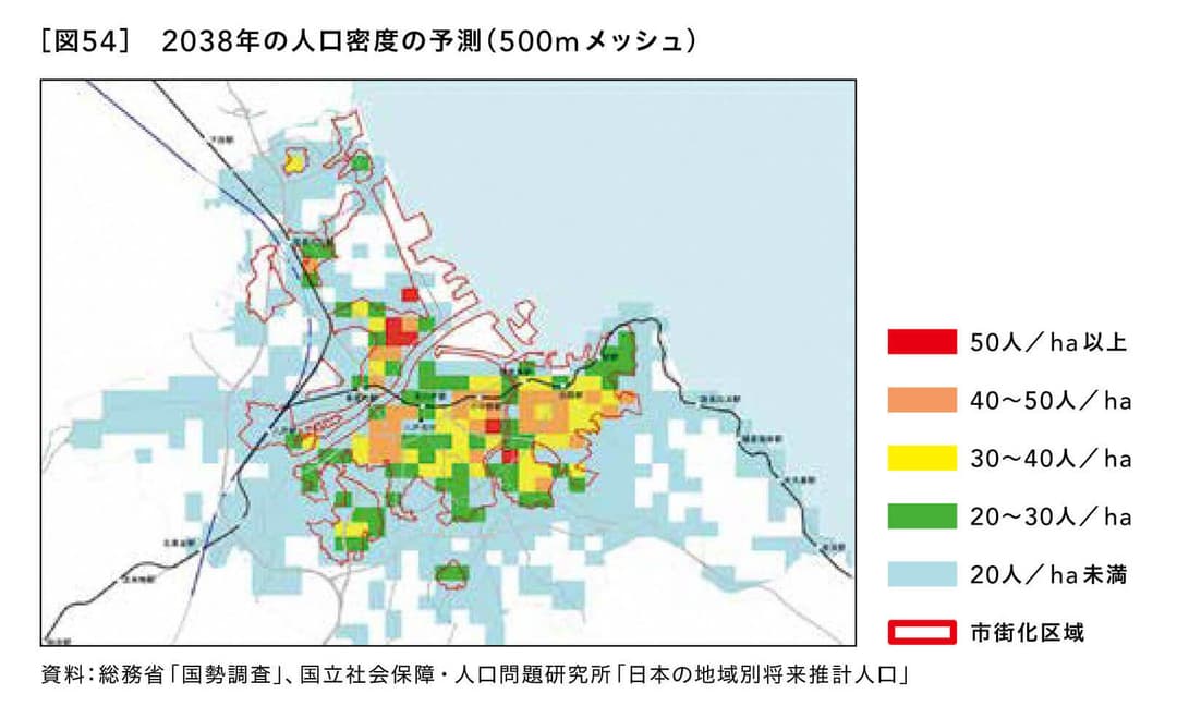 2038年の人口密度の予測（500m メッシュ）