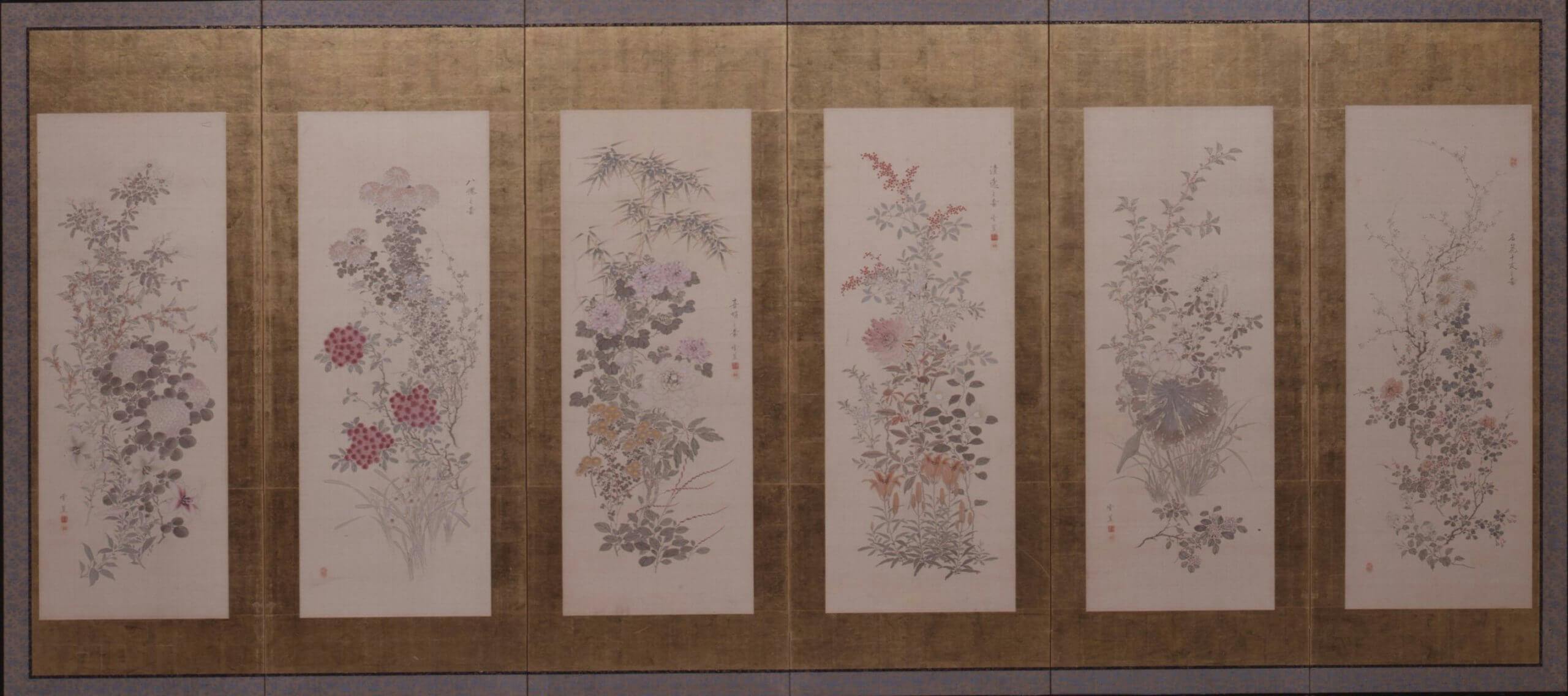 橋本雪蕉《名花十二客図屏風》（右隻）