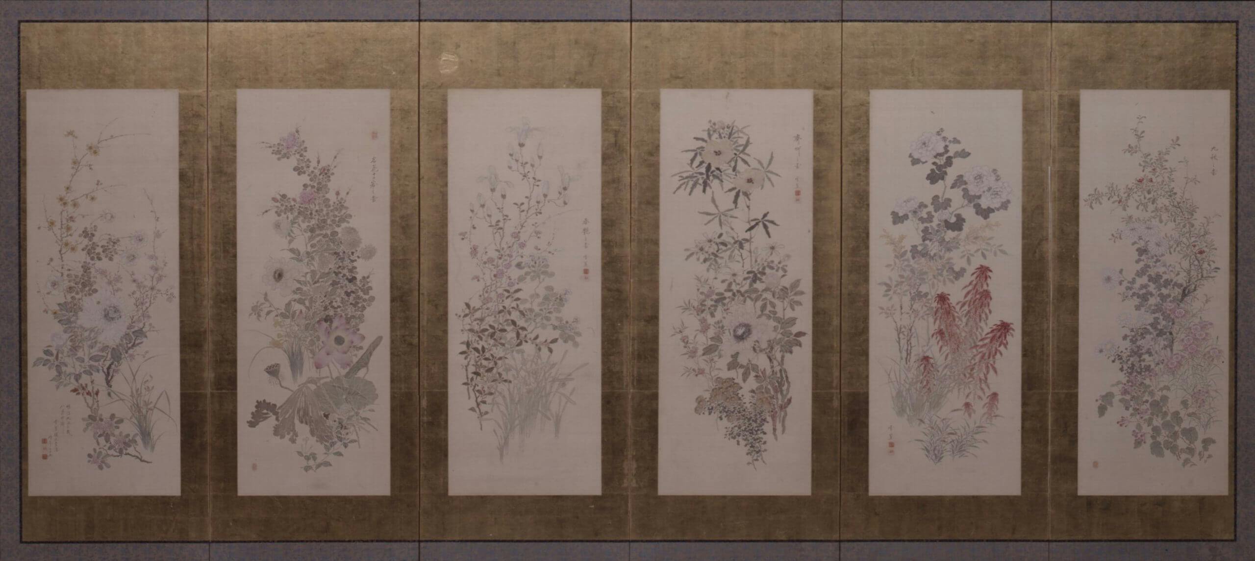 橋本雪蕉《名花十二客図屏風》（左隻）