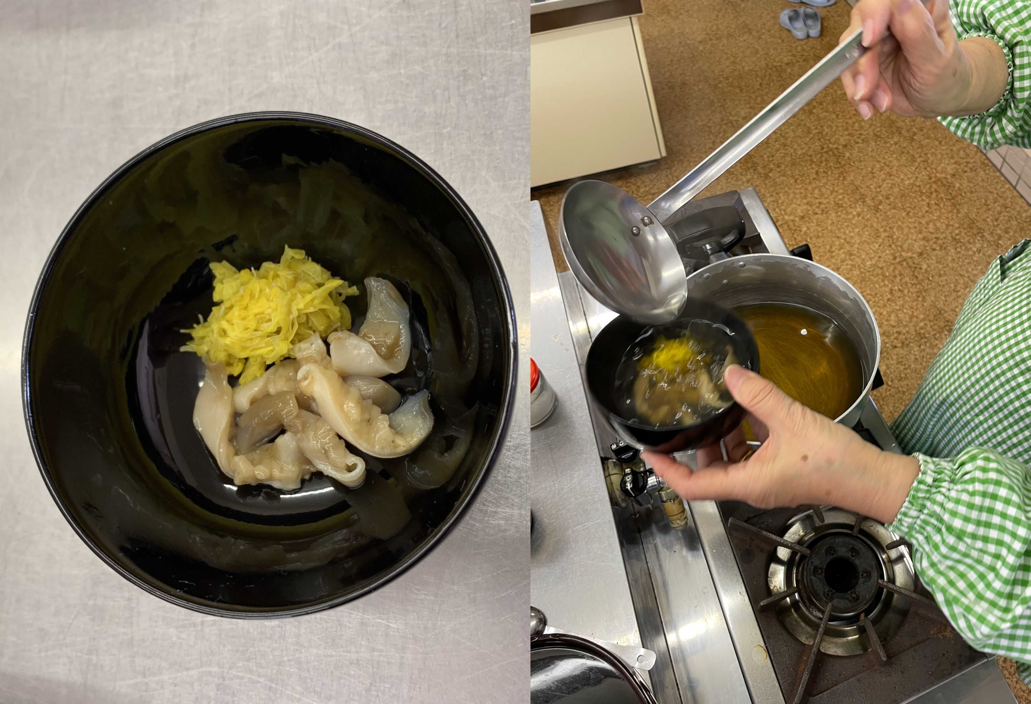 生のホッキに、熱い汁を注ぐと、ホッキが真っ赤になる。